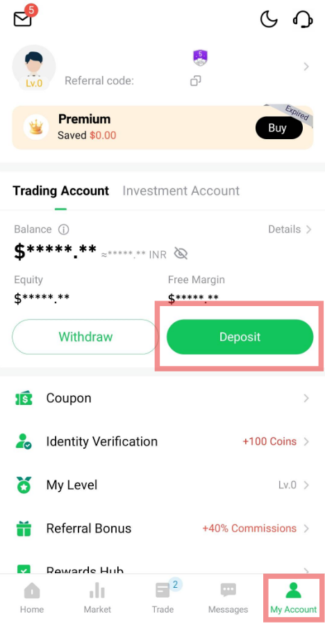 Trade W - My Account Deposit page